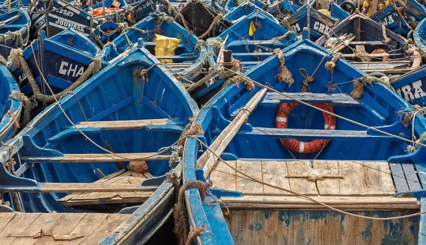 Les barques de pêche bleues serrées dans le port d'Essaouira