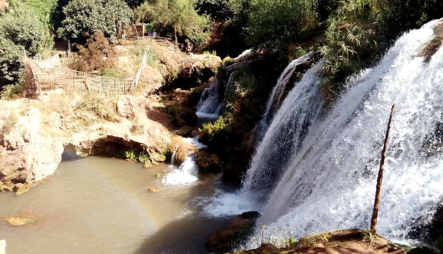Le bassin et les cascades d'Ouzoud entourés de verdure, au Maroc