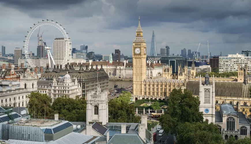 Vue sur Londres avec Big Ben, le London Eye et la Tamise, au Royaume-Uni