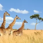 Trois girafes dans la savane sous un ciel bleu, au Kenya